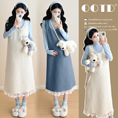 实拍 2025 秋冬新款加绒加厚雨花绒孕妇装背带裙+大码毛衣套装