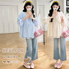 批发实拍 <b class='q'>春</b>季孕妇装小清新宽松圆领荷叶边拼接娃娃衫大码上衣