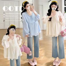 批发实拍 <b class='q'>春</b>季孕妇装小清新宽松圆领荷叶边拼接娃娃衫大码上衣