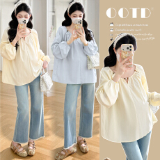 批发实拍 孕妇装<b class='q'>春</b>季设计感法式泡泡袖休闲衬衫百搭上衣