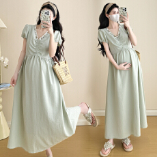 批发实拍 2026 夏装新品设计感领口珠片孕妇<b class='q'>连衣裙</b>