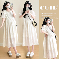 实拍 2026 夏季新款绣花宽松孕妇连衣裙