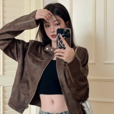 批发美式复古做旧咖啡色短款<b class='q'>夹克</b>外套2025春季新款辣妹百搭立领PU皮衣