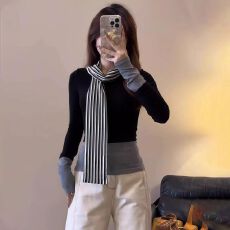 批发【人棉+原版围脖】黑色气质假两件撞色<b class='q'>T</b><b class='q'>恤</b><b class='q'>条纹</b>围脖修身<b class='q'>长袖</b>上衣