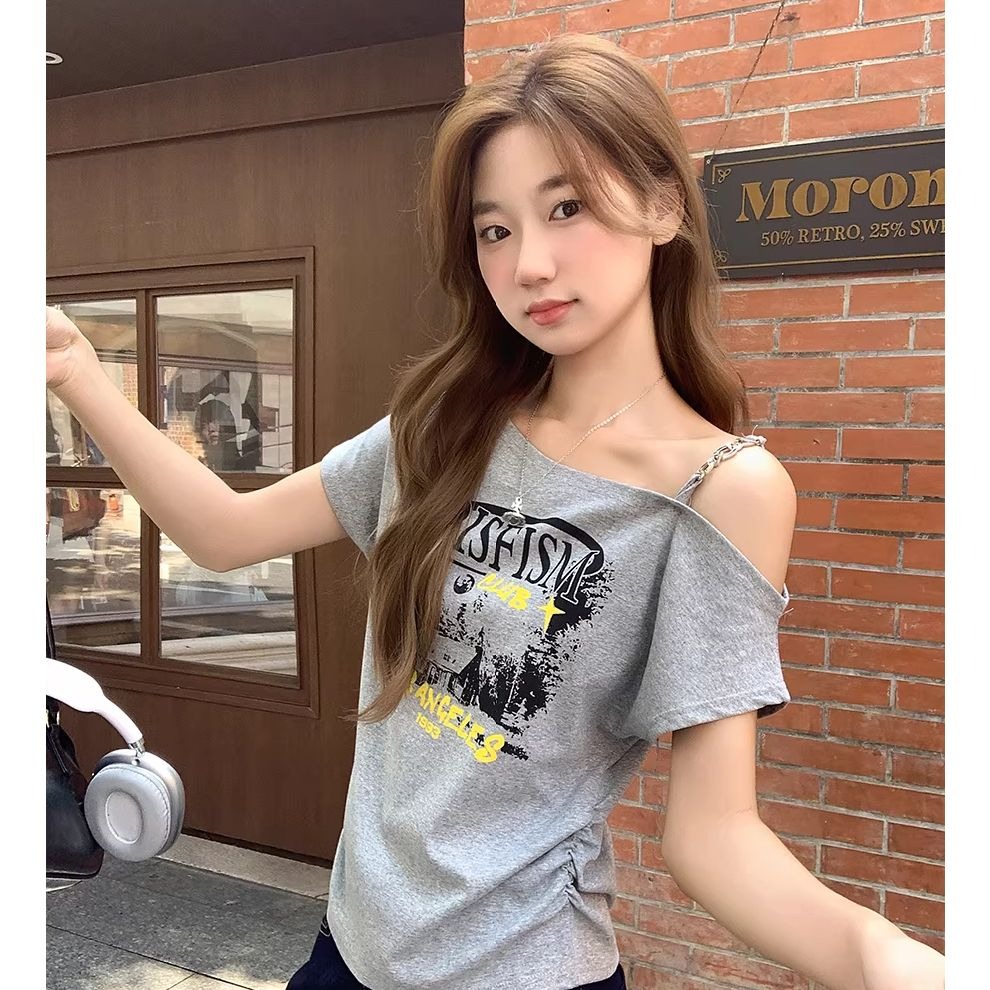 40 1 1 순면 화이트 u 칼라 긍정적 인 어깨 반팔 티셔츠 여성 대 네클라인 쇼트 스타일 핫걸 순수한 욕망 타이트 맨위