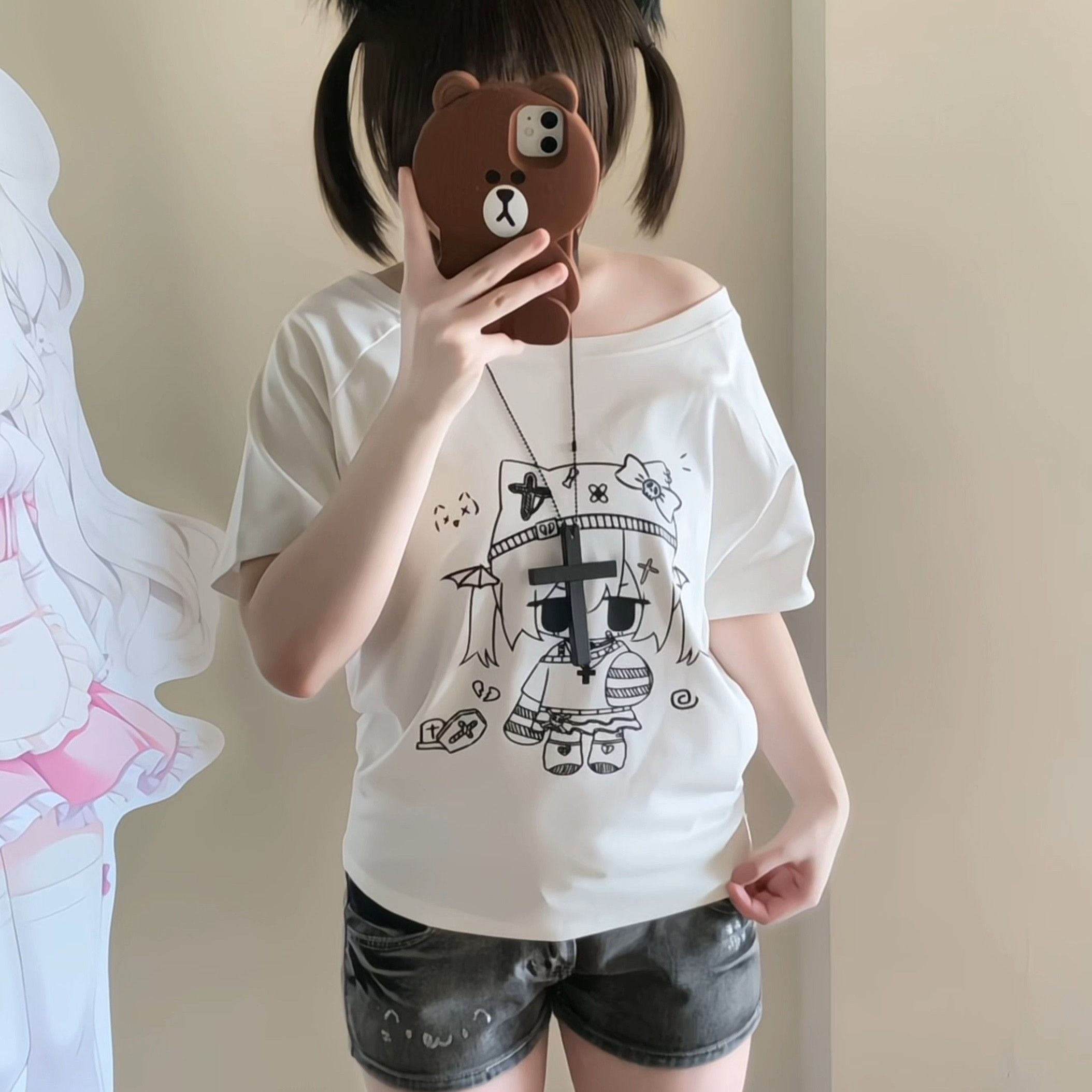 경관 그림 220 그램 40 1 1 차가운 실크 코튼 디자인 센스 오프숄더 여성 핫걸 프린트 비스듬한 어깨 티셔츠
