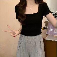 批发40支1*1纯棉 方领辣妹短款百搭短袖T恤女时尚设计感上衣
