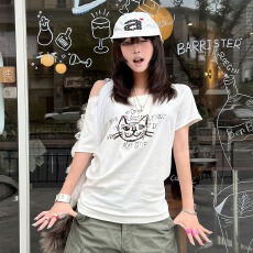 批发【官图 】220克40支1×1酷丝棉 设计感露肩女辣妹印花斜肩T恤