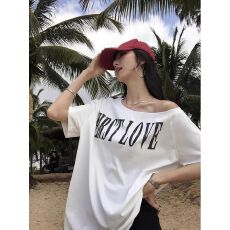 批发【官图 】220克40支1×1酷丝棉 设计感露肩女辣妹印花斜肩T恤