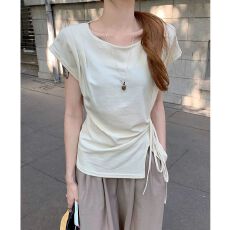 批发40支1*1纯棉 小众系带短袖T恤女春季修身显瘦时尚休闲上衣