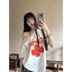 批发【官图 】220克40支1×1酷丝棉 设计感露肩女辣妹印花斜肩T恤