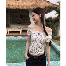 批发夏季新款蕾丝拼接碎花短袖少女感T恤蝴蝶结韩系穿搭上衣