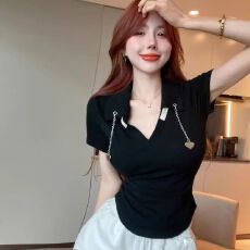 批发正肩polo领短袖t恤女夏不规则辣妹修身<b class='q'>短款</b>别致上衣ins潮流