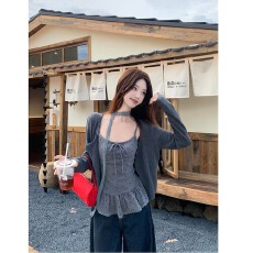 批发【人棉+棉感4*2】甜美设计感荷叶边波点吊带背心<b class='q'>长袖</b>开衫女套装