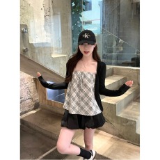 批发【随心裁】黑色针织<b class='q'>开衫</b>外套女夏季内搭外穿格子背心吊带两件套