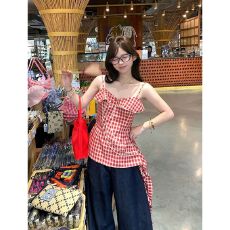 批发原版色织格】红色格纹不规则吊带上衣夏季收腰设计感<b class='q'>短款</b>背心女