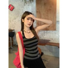 批发【坑条】灰色条纹吊带小背心女装夏工字打底<b class='q'>短款</b>甜辣妹露背上衣