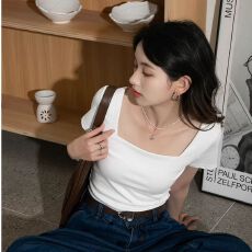 批发40支1*1纯棉 方领辣妹<b class='q'>短款</b>百搭短袖T恤女时尚设计感上衣