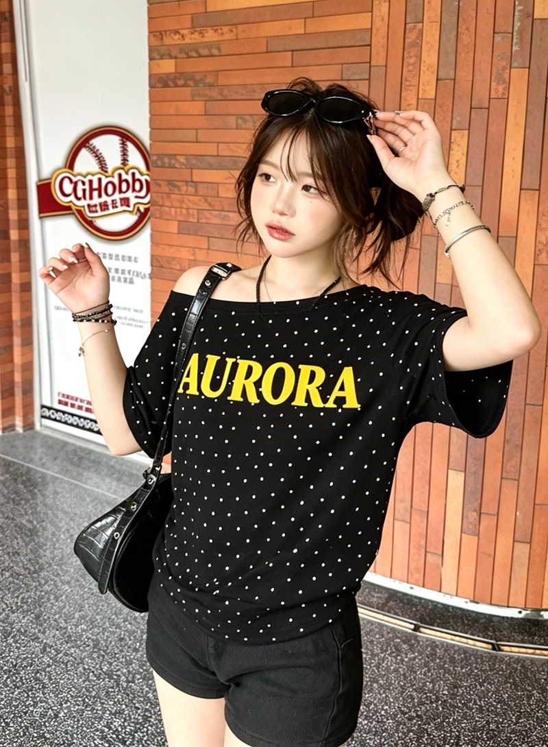 220 그램 40 1 1 순면 여름 새로운 한 부서 V넥 도트 무늬 패션 긍정적 인 어깨 프린트 섹션 반팔 티셔츠
