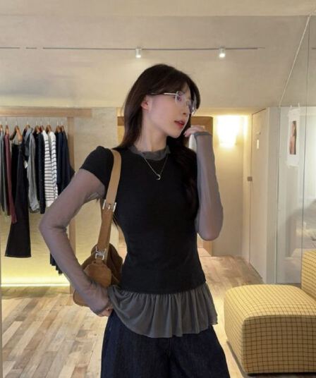 40 1 1 순면 2026 새로운 한 부서 망사 패치워크 페이크 레이어드 몸매 가꾸기 슬림해 보이는 긴팔 티셔츠 여성