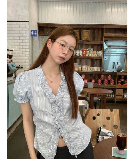 원본 것 반팔 여성 셔츠 여름 고유 한 작은 셔츠 프랑스식 사소한 맨위 핑크색 스트라이프 셔츠