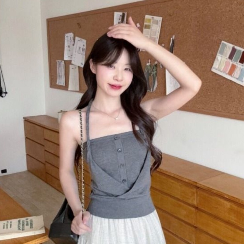 와 사고 방식 원본 품질 부드러운 바람 단색 품격 행침 목 조끼 여성 여름 하이웨이스트 슬림해 보이는 맨위