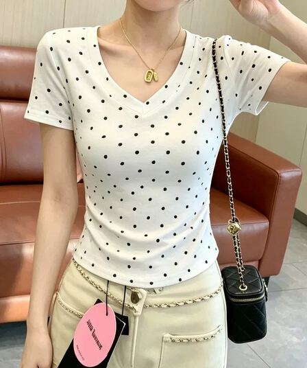 220 그램 40 1 1 순면 여름 새로운 한 부서 V넥 도트 무늬 공란 에디션 반팔 티셔츠 이후 패키지 칼라