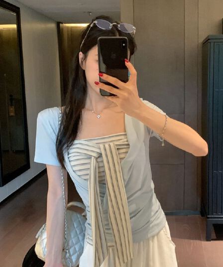 원본 것 스택 착용 두 조각 여성 세트 한 부서 십자가 V넥 티셔츠 스트라이프 레이스업 튜브탑 조끼 세트