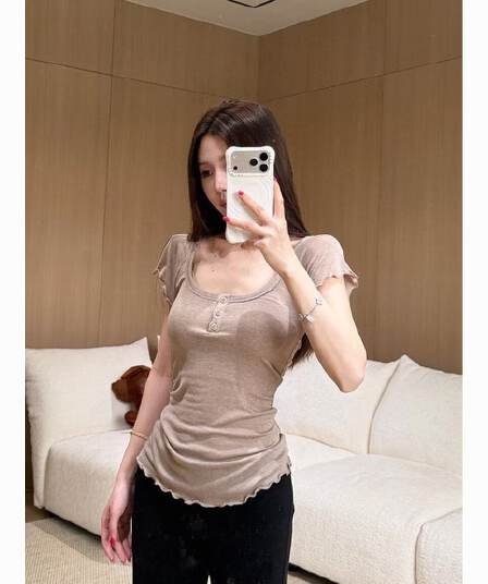 40 양모 면 리브 새로운 한 부서 달콤함 프릴 작은 날다 소매 티셔츠 여성 여름 몸매 가꾸기