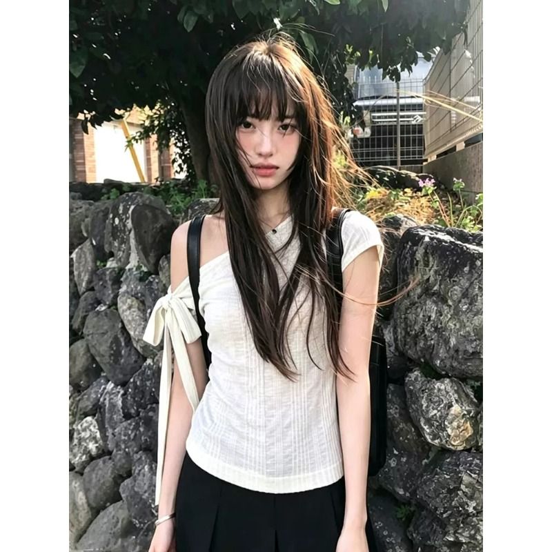 원본 대나무 마디 면 디자인 센스 불규칙 스트랩 오프숄더 루즈핏 비스듬한 칼라 반팔 쇼트 스타일 화이트 맨위