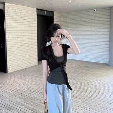 批发【随心裁】纯欲绑带短袖<b class='q'>开衫</b>t恤女夏季纯欲辣妹叠穿外搭短款上衣