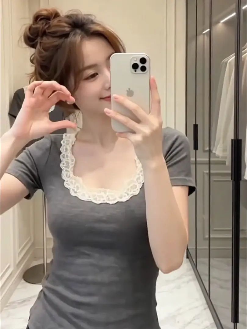 260 그램 사람들 면 긍정적 인 어깨 회색 u 칼라 몸매 가꾸기 슬림해 보이는 반팔 티셔츠 디자인 센스 레이스 레이스 패치워크 허리 수축