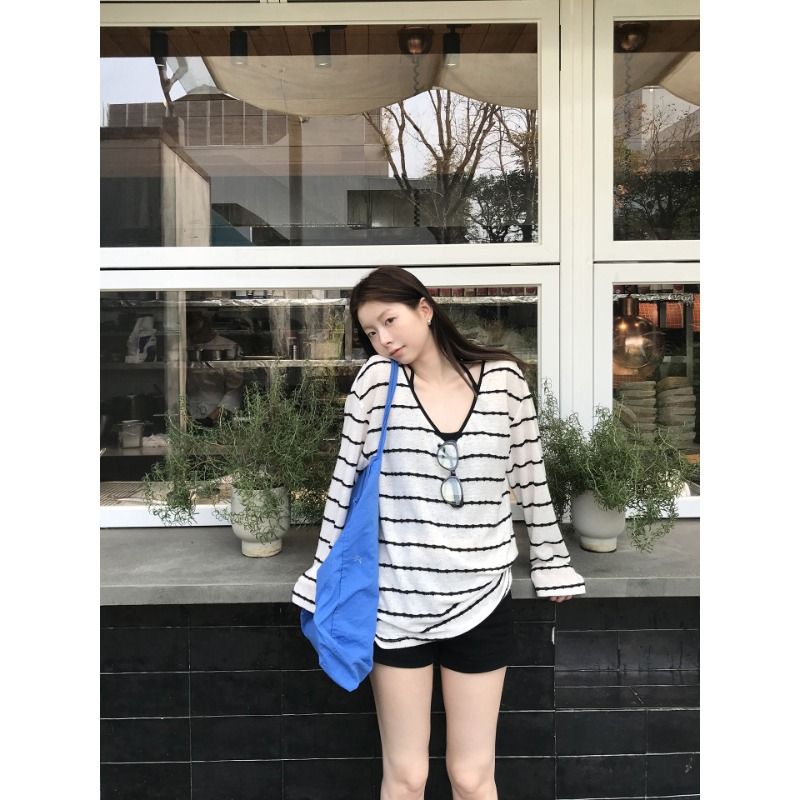 원본 컬러 짜임 기사 자외선 차단 블라우스 여성 여름 착용 가져 가라. 슈퍼 화재 연령 감소 긴팔 티셔츠 스트라이프 니트 맨위
