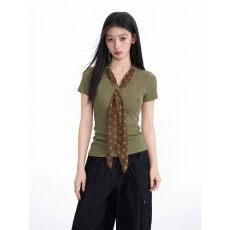 批发【随心裁】绿色v领波点系带正肩短袖t恤女夏<b class='q'>短款</b>修身收腰显瘦上衣
