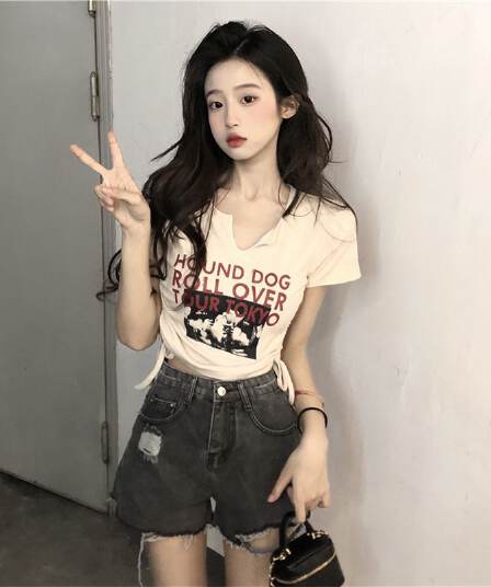경관 그림 원본 품질 자매 알파벳 프린트 쇼트 스타일 이슬 뼈의 맨위 여름 bm 펌프 로프 V넥