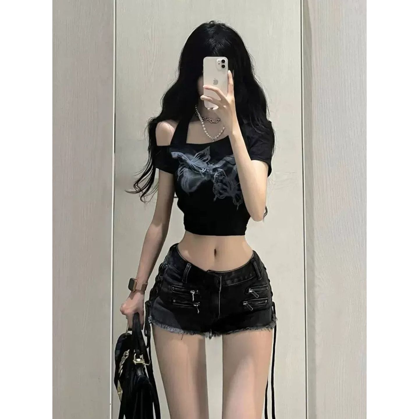 경관 그림 원본 품질 나비 오프숄더 행침 목 반팔 티셔츠 여성 여름 쇼트 스타일 이슬 뼈의 맨위