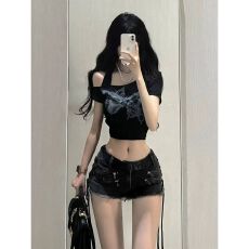 批发官图【+原版质量】蝴蝶露肩挂脖短袖T恤女夏<b class='q'>短款</b>露脐上衣