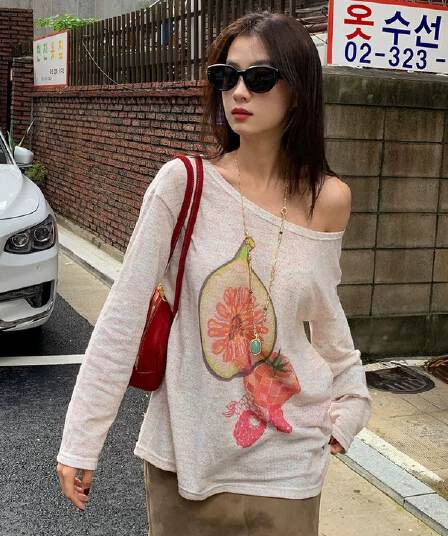 원본 무지개 마 새로운 여름 Fig 프린트 비스듬한 어깨 긴팔 티셔츠 루즈핏 느긋한 블라우스