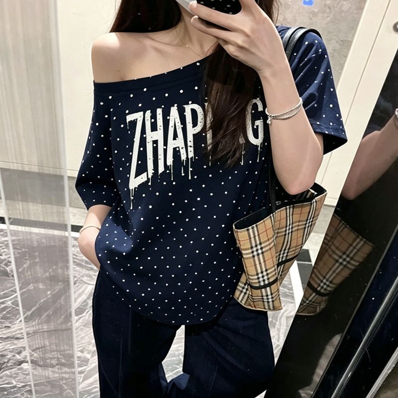 220 그램 40 1 1 순면 여름 새로운 한 부서 도트 무늬 비스듬한 칼라 오프숄더 프린트 섹션 반팔 티셔츠 여성