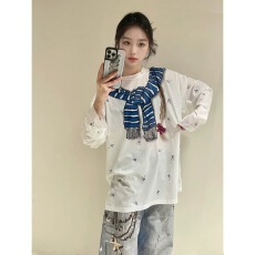 批发官图【 原版做法】休闲趣味手绘绑结小碎花<b class='q'>长袖</b>罩衫女T恤