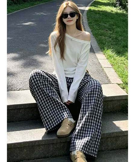 주간 실크 리브 빅 사이즈 2026 년 여름 새로운 비스듬한 어깨 긴팔 두 조각 여성 세트 슬림해 보이는 캐주얼 루즈핏 맨위