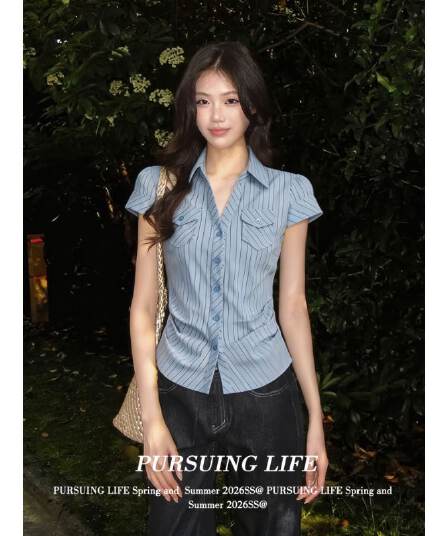 원본 자카드 파란색 스트라이프 반팔 여성 셔츠 여름 주머니 꼬집기 허리 셔츠 몸매 가꾸기 슬림해 보이는 맨위
