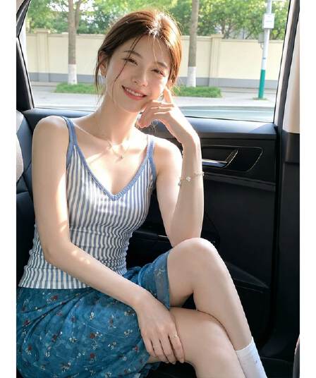 경관 그림 원본 품질 세로 줄무늬 V넥 캐미솔 여름 몸매 가꾸기 핫걸 바람