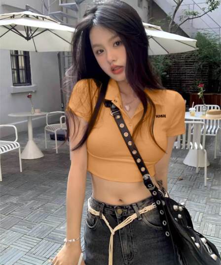 40 카운터 면 리브 아메리칸 POLO 칼라 반팔 긍정적 인 어깨 티셔츠 여성 몸매 가꾸기 슬림해 보이는 쇼트 스타일 핫걸 맨위