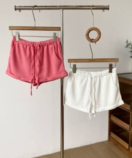 후아 남편 그리드 자수 하이웨이스트 볼륨 측면 펌프 로프 스트레이트 캐주얼 바지 여성 여름 반바지 디스플레이 다리 길이