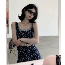 批发【高弹螺纹】国潮碎花假两件吊带<b class='q'>连衣裙</b>女夏中长款设计百搭感长裙