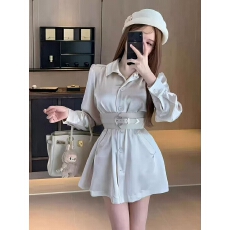 批发法式气质名媛修身缎面长袖衬衫<b class='q'>连衣</b>裙女早秋纯欲显瘦休闲短裤套<b class='q'>装</b>