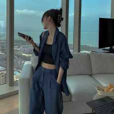 批发<b class='q'>牛仔</b>西装领外套小香风洋气时尚时髦两件套装裤女装款