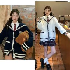 批发<b class='q'>制服</b>毛衣针织开衫外套女藏青色<b class='q'>海军</b>领学院风衬衫半身裙三件套