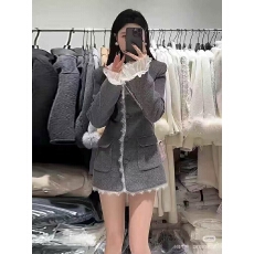 批发<b class='q'>蕾丝</b>拼接花边小香风毛呢外套女冬季中长款设计感小众收腰上衣